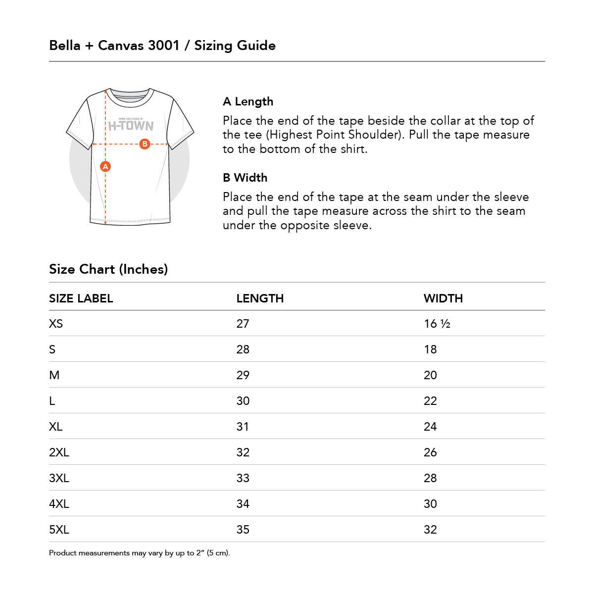 A sizing chart for a Bella + Canvas 3001 t-shirt showing how to measure A Length from the highest shoulder point down to the bottom hem and B Width across the chest under the sleeves, along with a table listing shirt sizes XS through 5XL with corresponding length and width measurements in inches (e.g., M: 29″ length, 20″ width).