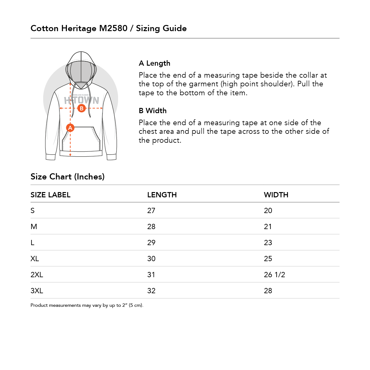 Sizing Chart for Cotton Heritage M2580 Hoodie