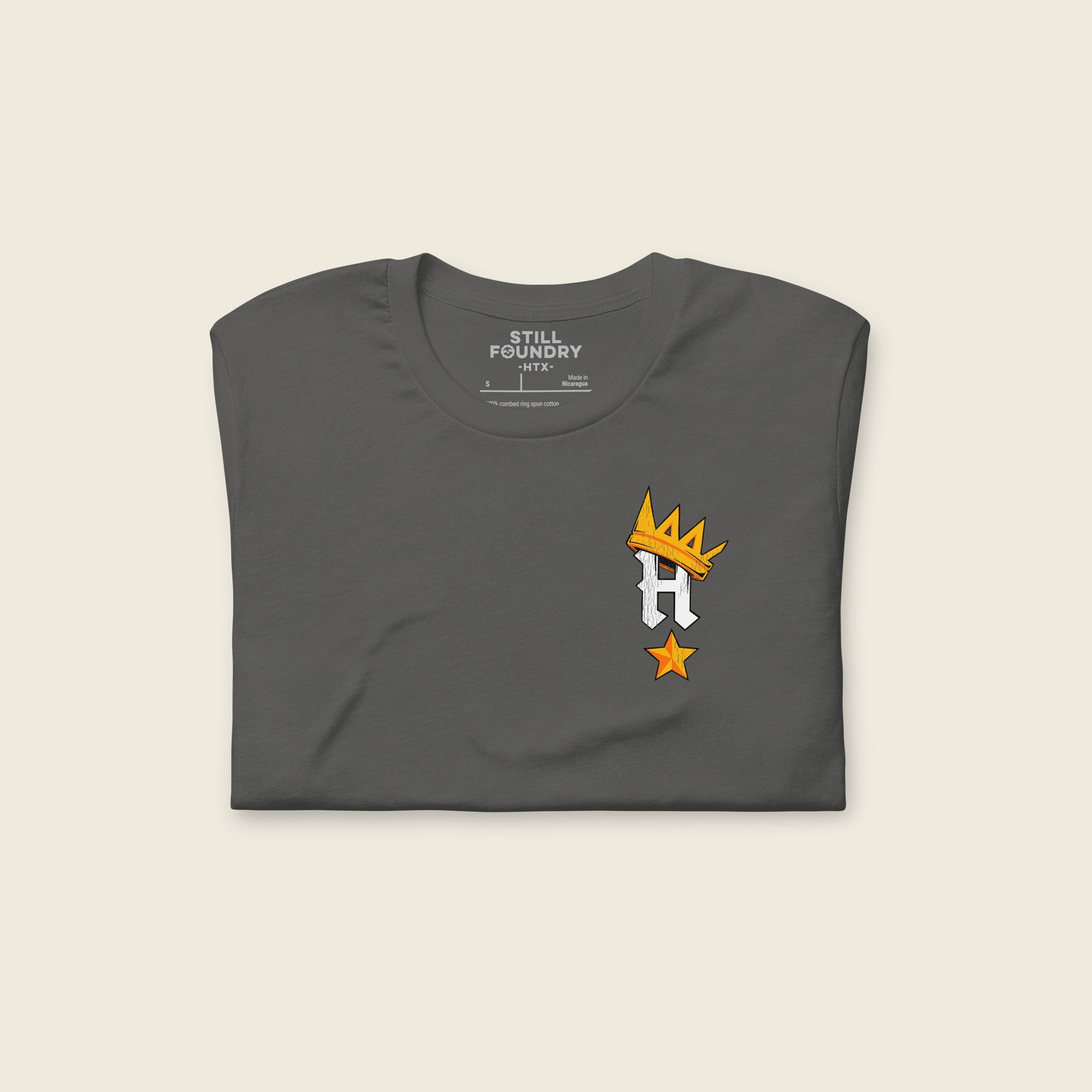 Front view of asphalt gray Houston streetwear T-shirt with crowned H logo and star chest graphic.