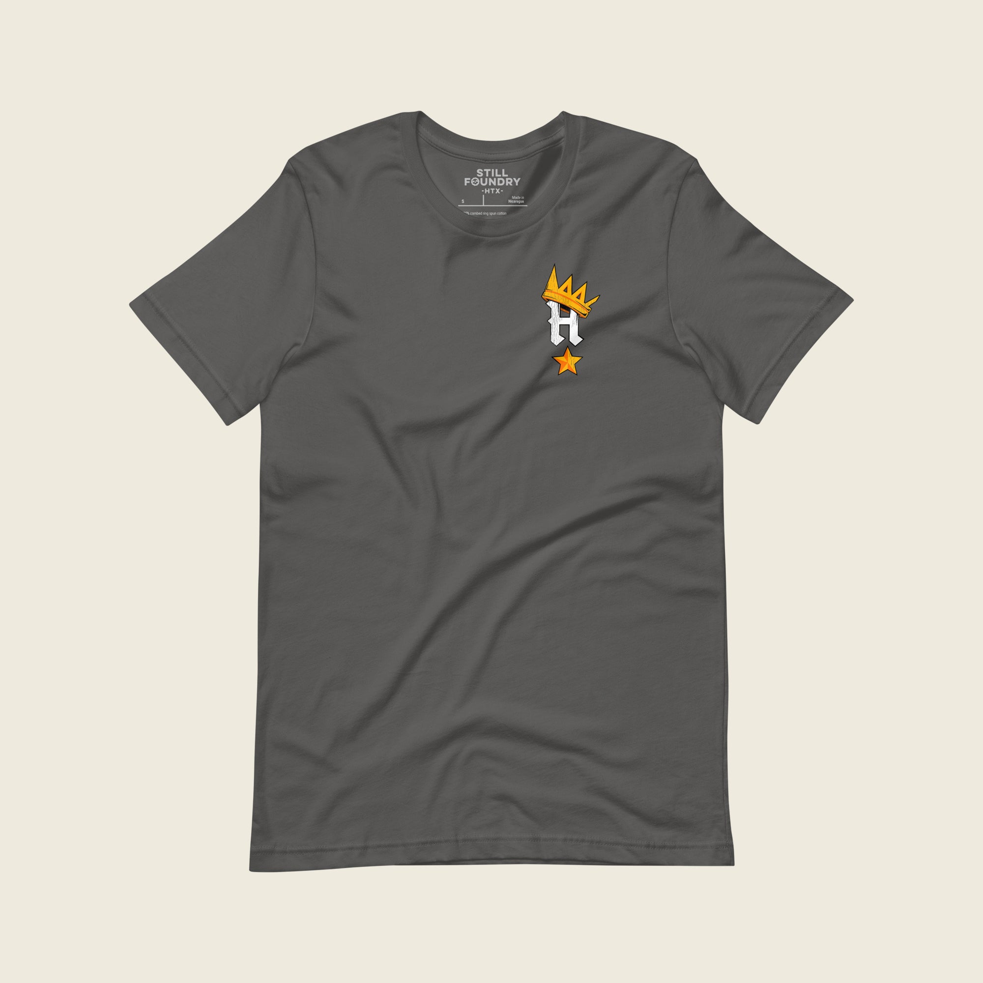 Houston graphic tee front featuring crowned H logo and star on asphalt gray streetwear T-shirt.