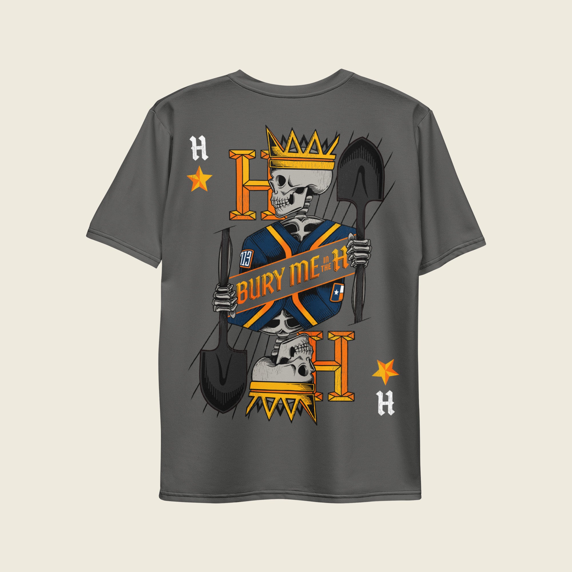 Back graphic of Houston “Bury Me in the H” streetwear T-shirt with crowned skeleton king and shovel illustration on gray shirt.