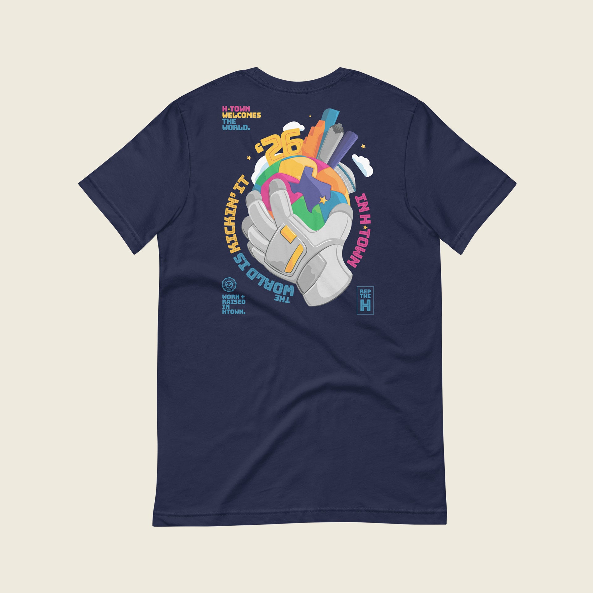 Back of navy Houston 2026 T-shirt with colorful globe graphic and “Kickin’ It in H-Town” design.