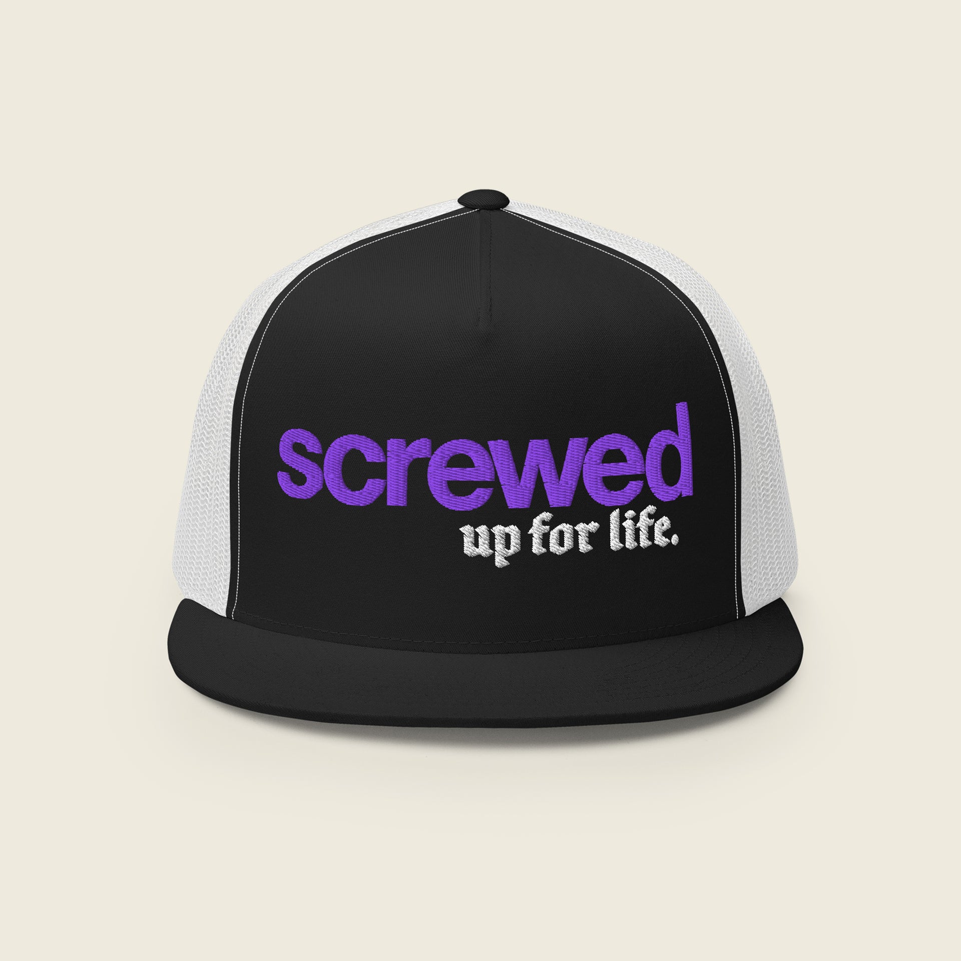 A black and white trucker snapback hat with a flat brim. The front panel features embroidered text in two styles: the word "screwed" in bold purple lowercase letters, and the phrase "up for life." in white Old English-style font beneath it. The mesh back of the hat is white, while the front and brim are black.