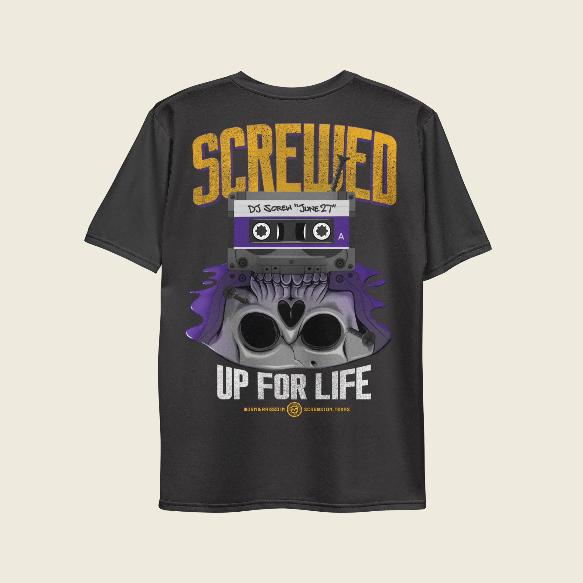 Dark gray Houston streetwear T-shirt featuring “Screwed Up For Life” graphic with DJ Screw June 27 cassette tape and skull illustration inspired by chopped and screwed culture.